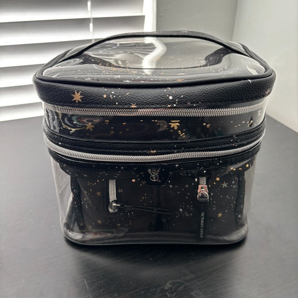 Victoria's Secret Black Clear Cosmetic Train Case with Gold Star Print
